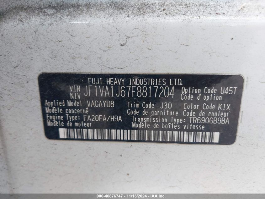 2015 SUBARU WRX VIN: JF1VA1J67F8817204
