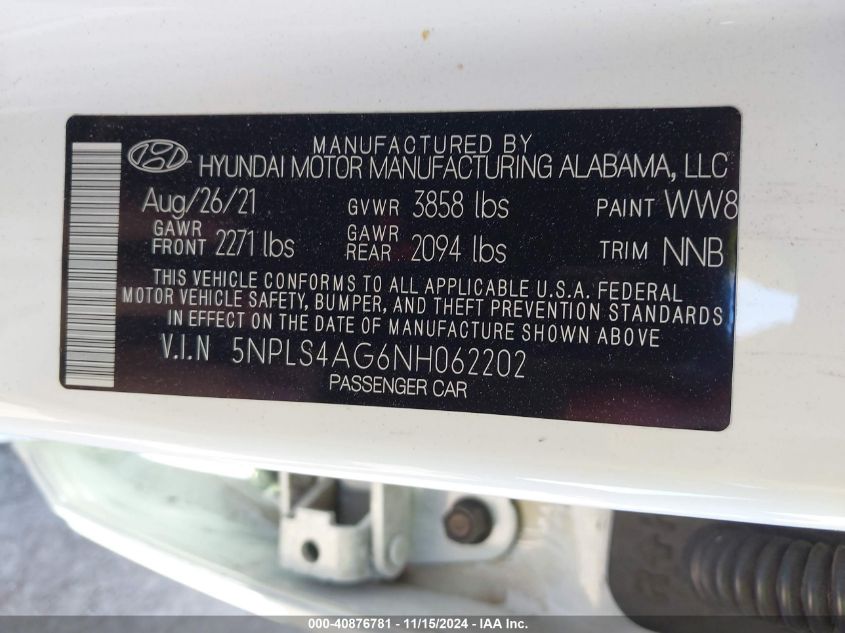 2022 Hyundai Elantra Sel VIN: 5NPLS4AG6NH062202 Lot: 40876781