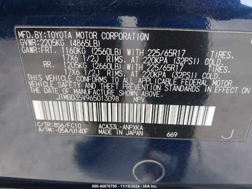 2006 Toyota Rav4 VIN: JTMBD35V965013098 Lot: 40876795