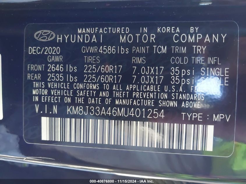 2021 Hyundai Tucson Value VIN: KM8J33A46MU401254 Lot: 40876800