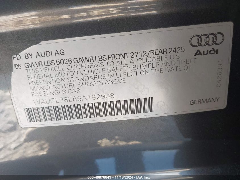 2006 Audi S4 4.2 VIN: WAUGL98E86A192908 Lot: 40876849