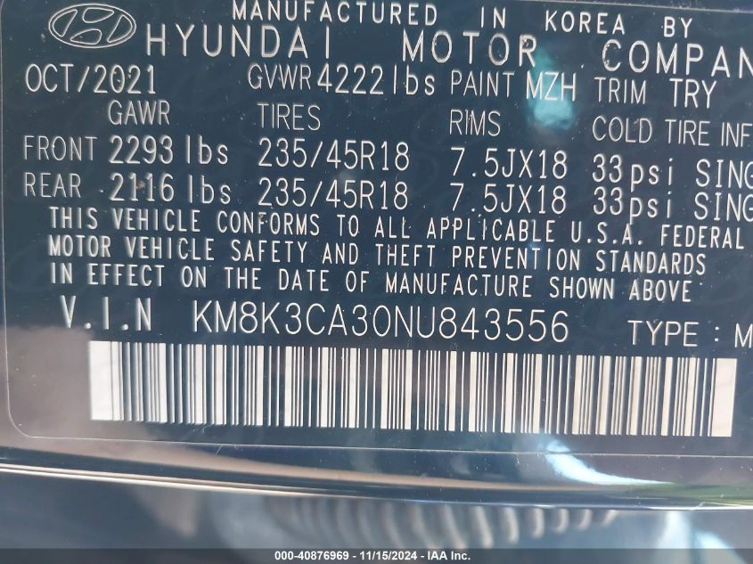 2022 HYUNDAI KONA VIN: KM8K3CA30NU843556