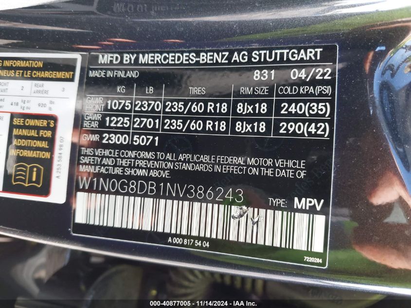 2022 Mercedes-Benz Glc 300 Suv VIN: W1N0G8DB1NV386243 Lot: 40877005