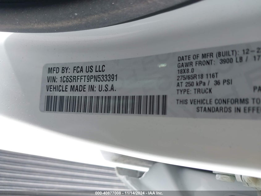 2023 Ram 1500 Big Horn 4X4 5'7 Box VIN: 1C6SRFFT9PN533391 Lot: 40877008