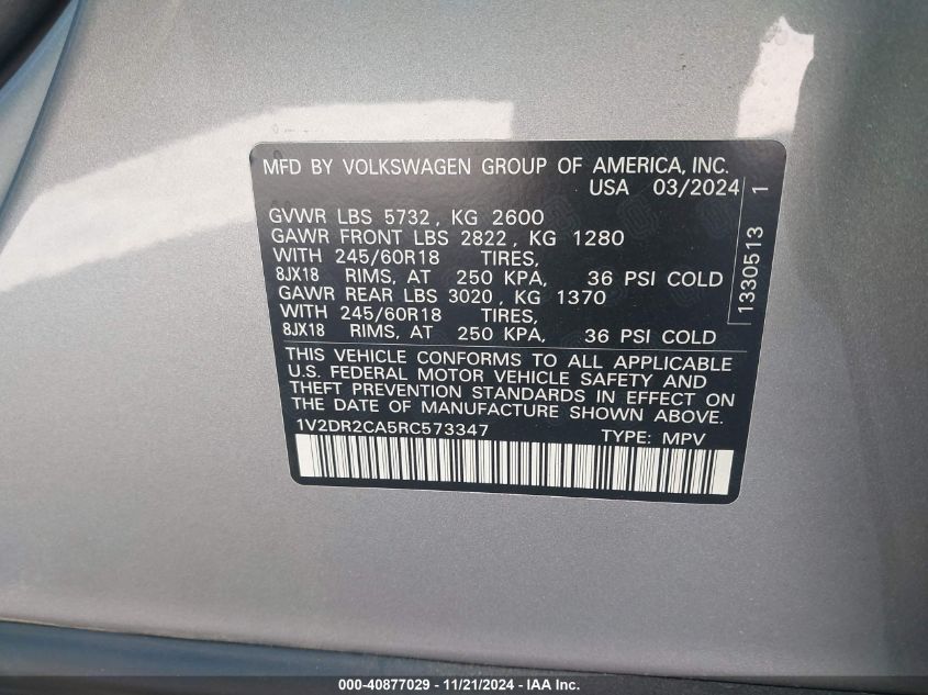 2024 Volkswagen Atlas 2.0T Se VIN: 1V2DR2CA5RC573347 Lot: 40877029