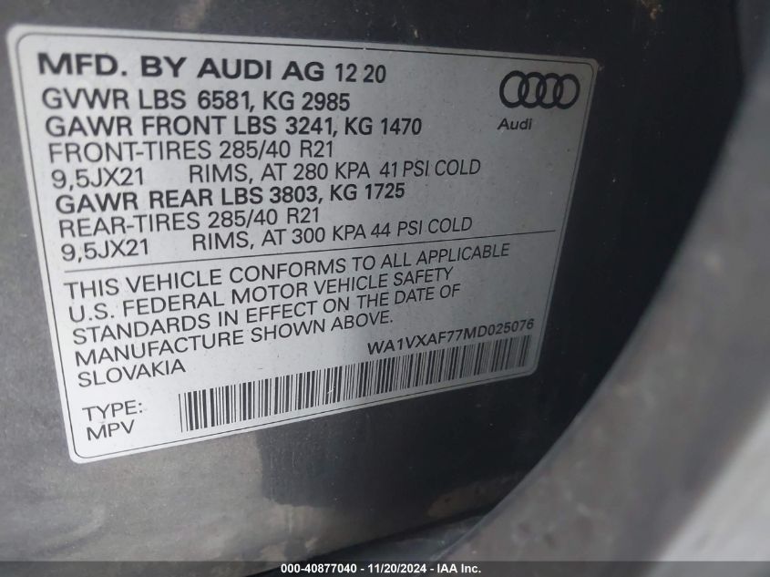 2021 Audi Q7 Prestige 55 Tfsi Quattro Tiptronic VIN: WA1VXAF77MD025076 Lot: 40877040