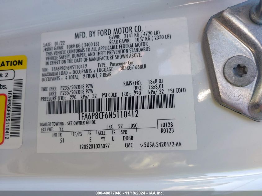 2022 FORD MUSTANG GT PREMIUM - 1FA6P8CF6N5110412