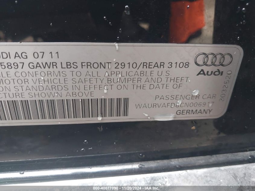 2012 Audi A8 L 4.2 VIN: WAURVAFD8CN006917 Lot: 40877090