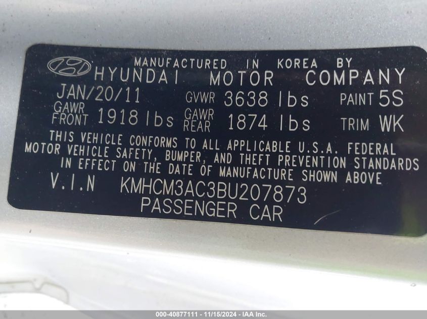 2011 Hyundai Accent Gl VIN: KMHCM3AC3BU207873 Lot: 40877111