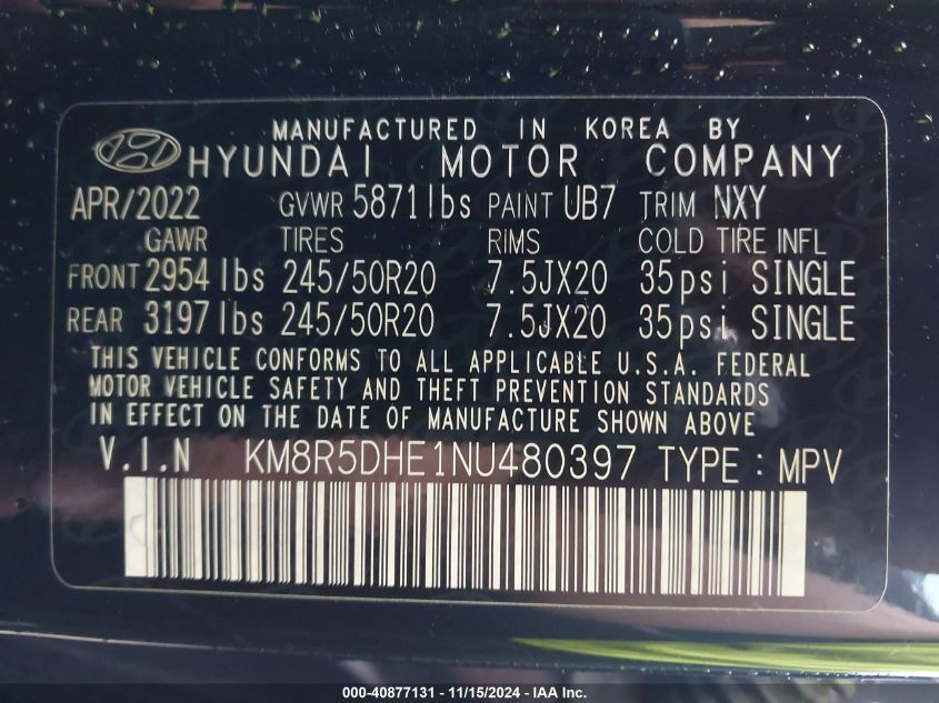 2022 Hyundai Palisade Limited VIN: KM8R5DHE1NU480397 Lot: 40877131