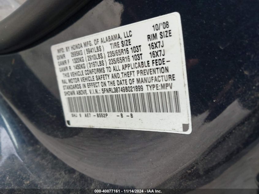 2009 Honda Odyssey Ex-L VIN: 5FNRL38749B021899 Lot: 40877161