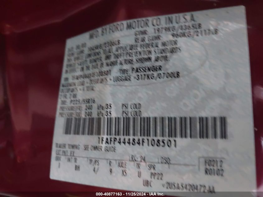 2004 Ford Mustang VIN: 1FAFP44484F108501 Lot: 40877163