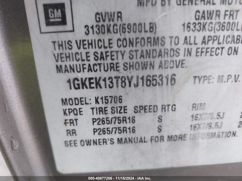 2000 GMC Yukon Slt VIN: 1GKEK13T8YJ165316 Lot: 40877206