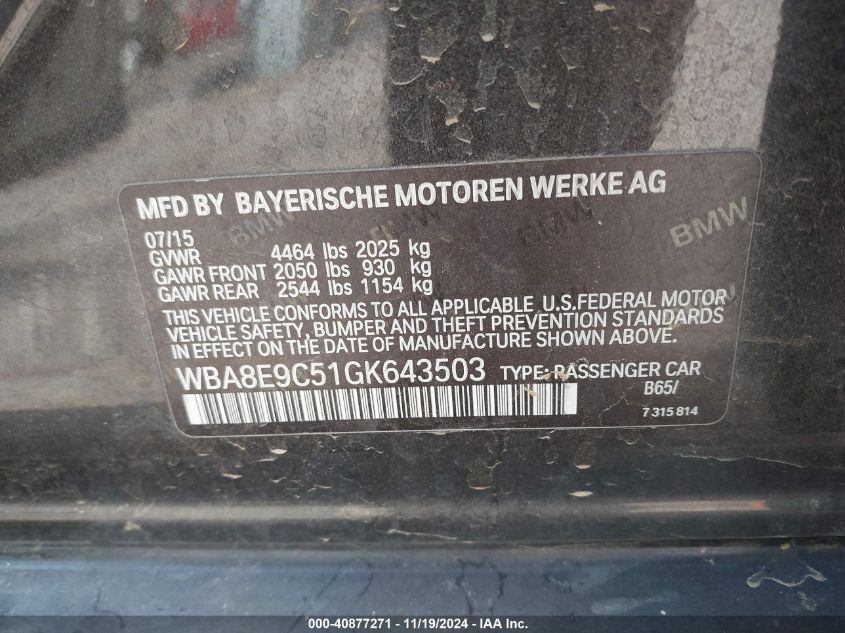 2016 BMW 328 VIN: WBA8E9C51GK643503