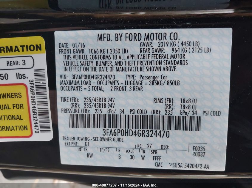 2016 FORD FUSION SE - 3FA6P0HD4GR324470