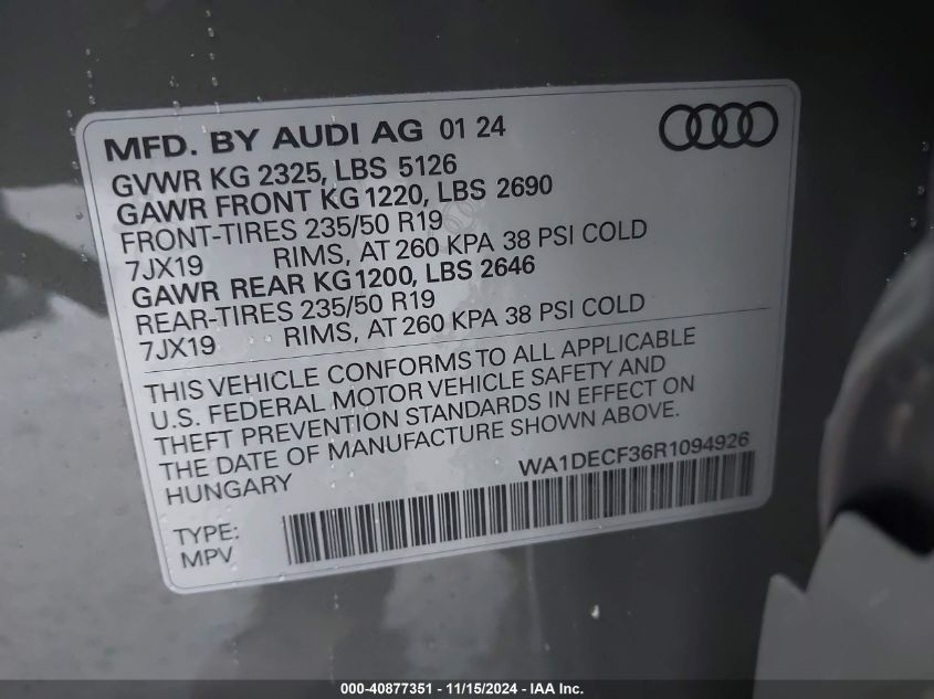 2024 Audi Q3 Premium 45 Tfsi S Line Quattro Tiptronic VIN: WA1DECF36R1094926 Lot: 40877351