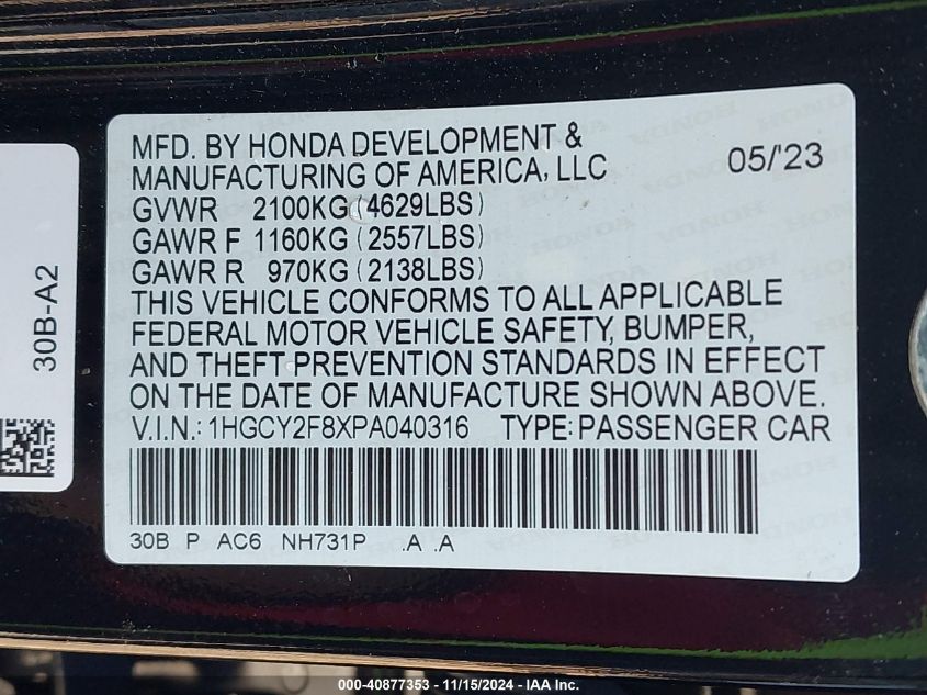 2023 Honda Accord Hybrid Touring VIN: 1HGCY2F8XPA040316 Lot: 40877353