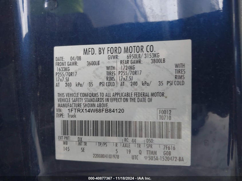 2008 FORD F150 VIN: 1FTRX14W68FB84120