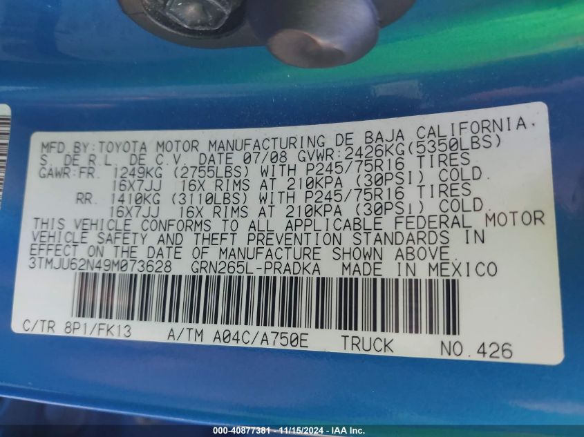 2009 TOYOTA TACOMA VIN: 3TMJU62N49M073628