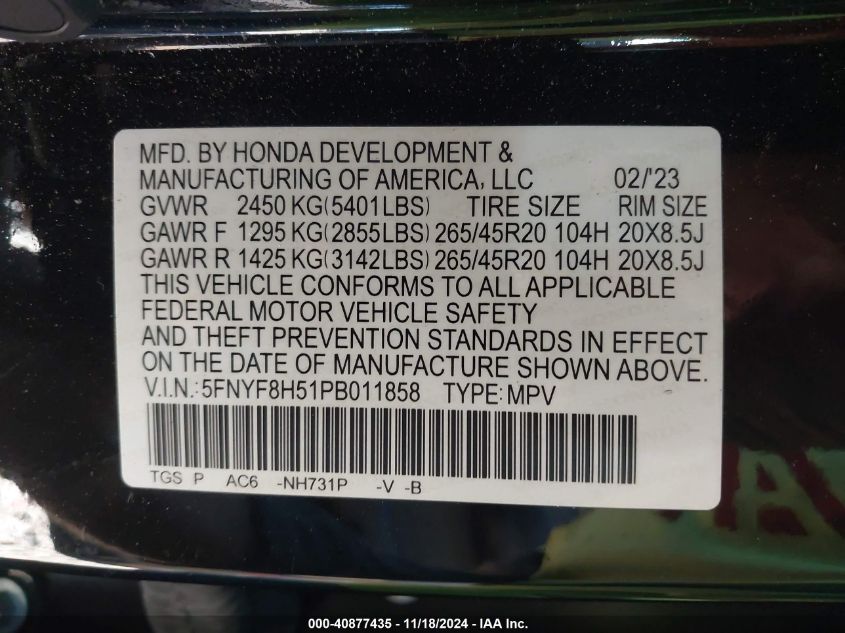 2023 Honda Passport Awd Ex-L VIN: 5FNYF8H51PB011858 Lot: 40877435