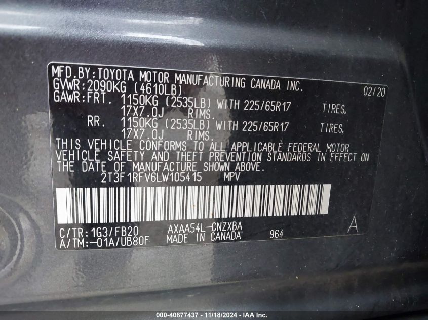 VIN 2T3F1RFV6LW105415 2020 TOYOTA RAV4 LE