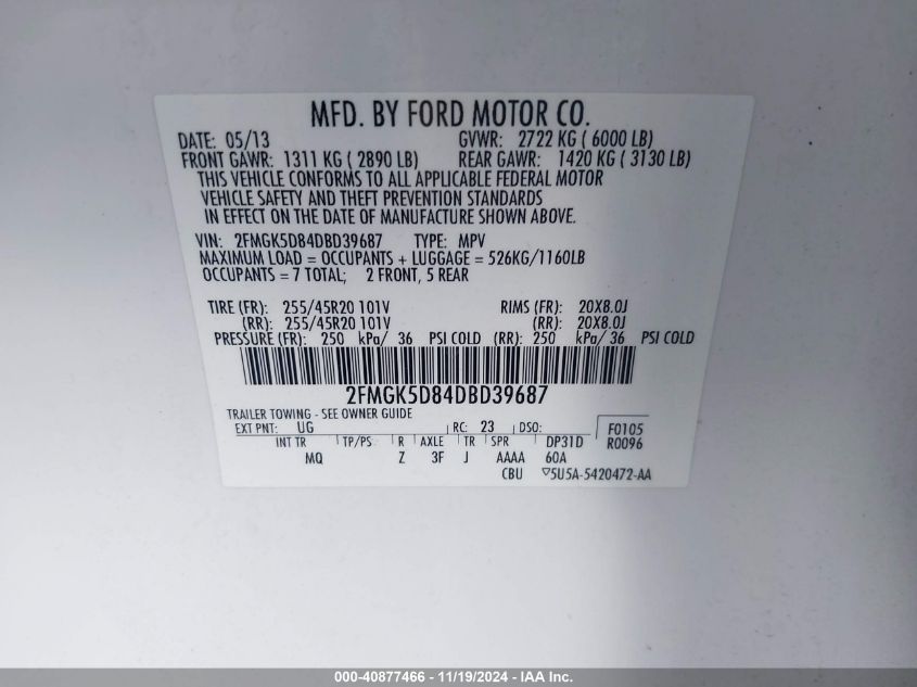 2013 Ford Flex Limited VIN: 2FMGK5D84DBD39687 Lot: 40877466