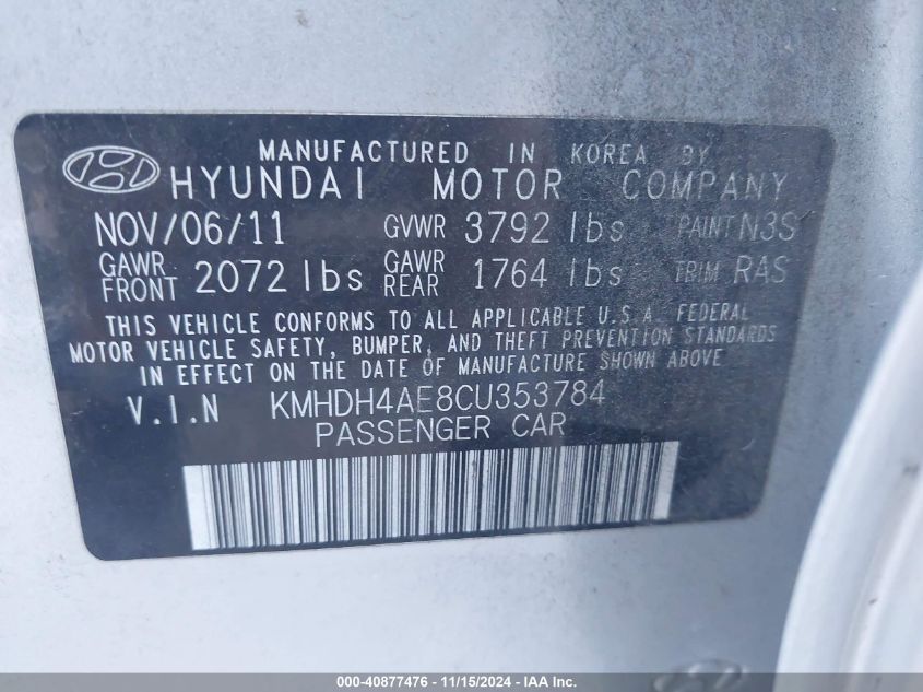 2012 Hyundai Elantra Gls (Ulsan Plant) VIN: KMHDH4AE8CU353784 Lot: 40877476