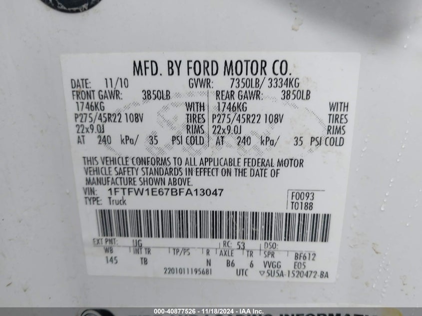 2011 FORD F-150 VIN: 1FTFW1E67BFA13047