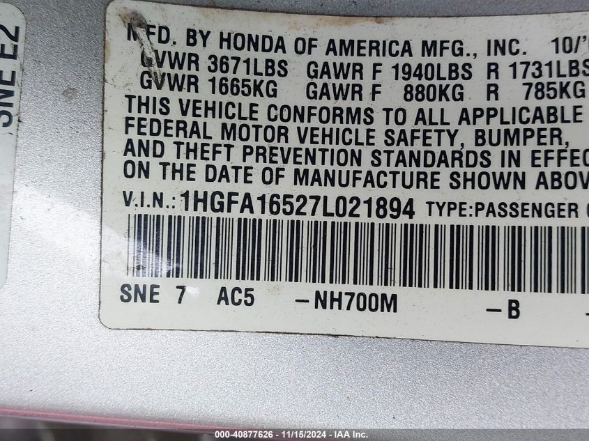 2007 Honda Civic Lx VIN: 1HGFA16527L021894 Lot: 40877626