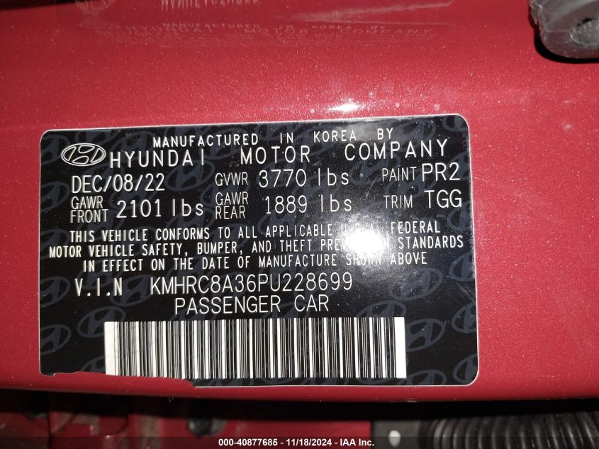 2023 Hyundai Venue Sel VIN: KMHRC8A36PU228699 Lot: 40877685