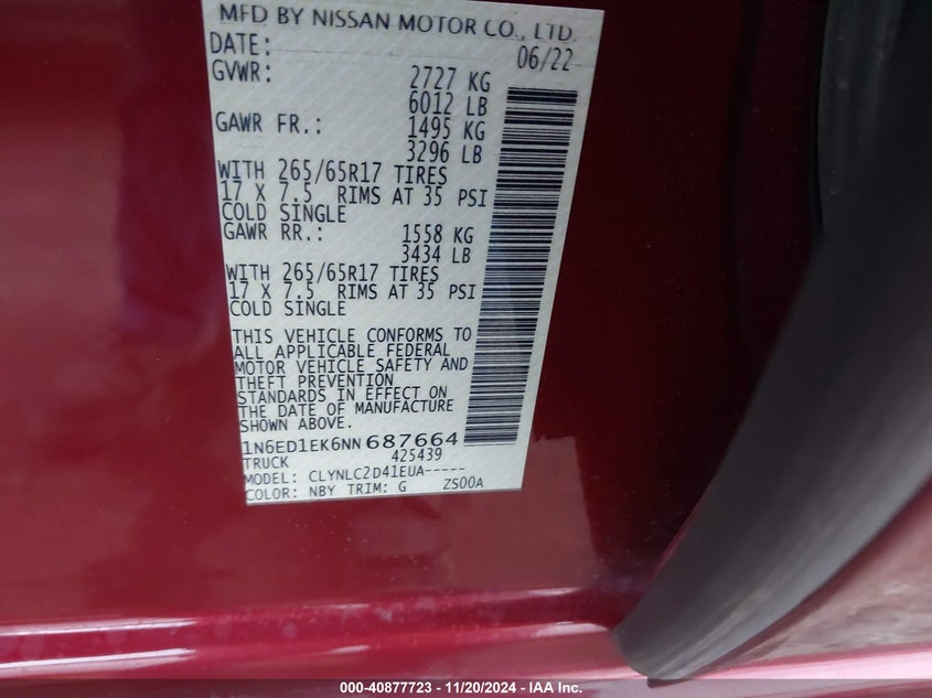 2022 NISSAN FRONTIER VIN: 1N6ED1EK6NN687664