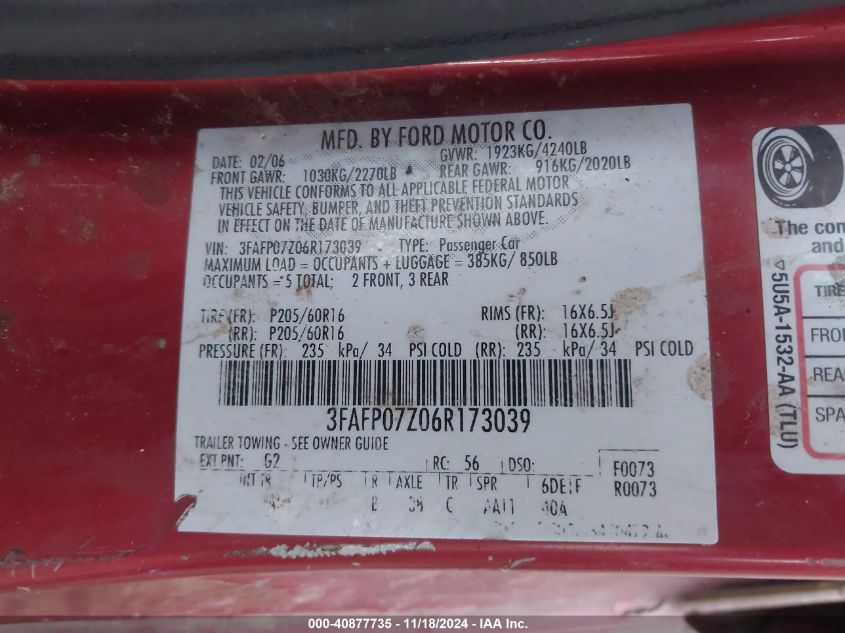 2006 Ford Fusion Se VIN: 3FAFP07Z06R173039 Lot: 40877735