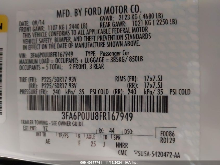 2015 Ford Fusion Hybrid S VIN: 3FA6P0UU8FR167949 Lot: 40877741