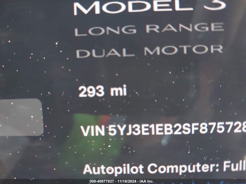 2025 Tesla Model 3 VIN: 5YJ3E1EB2SF875728 Lot: 40877827