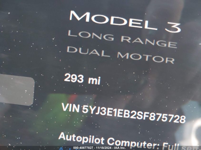 2025 Tesla Model 3 VIN: 5YJ3E1EB2SF875728 Lot: 40877827