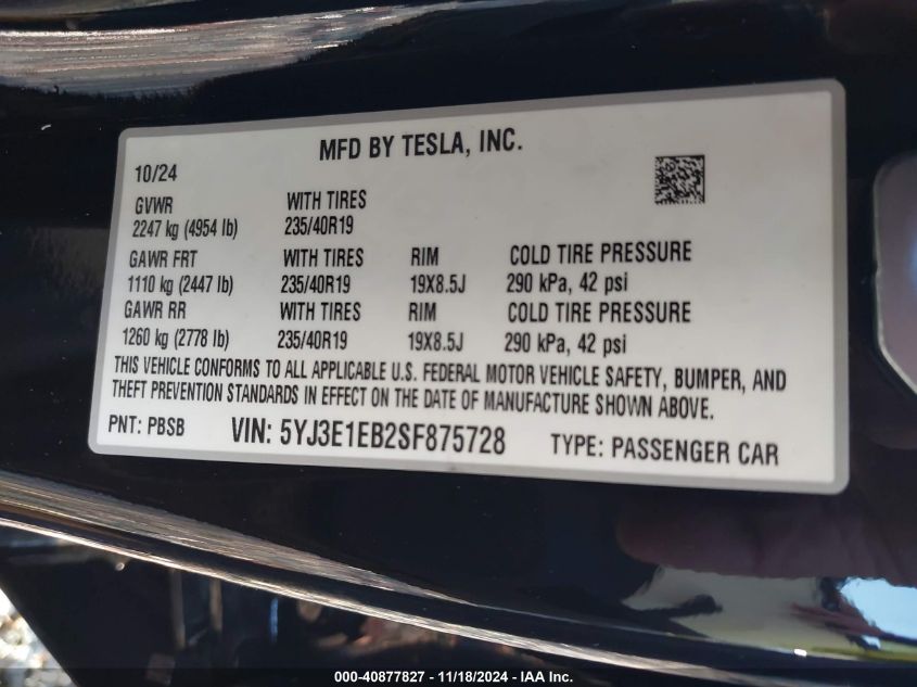 2025 Tesla Model 3 VIN: 5YJ3E1EB2SF875728 Lot: 40877827