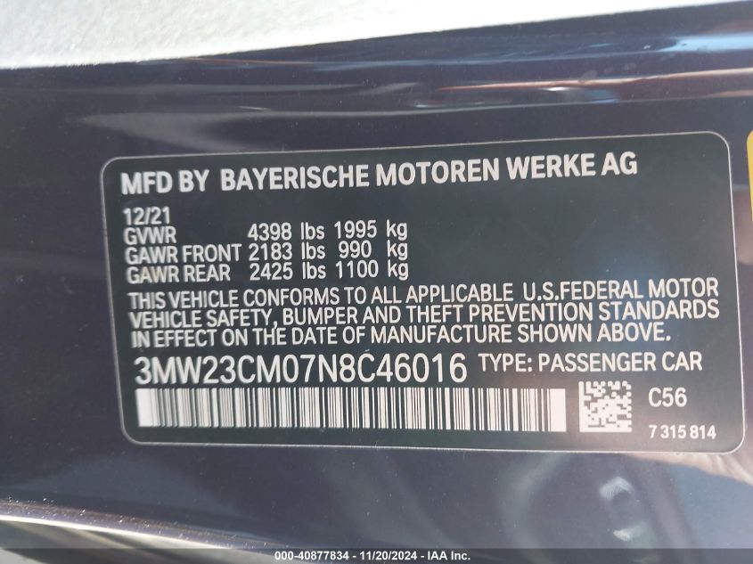 2022 BMW 230 I VIN: 3MW23CM07N8C46016 Lot: 40877834