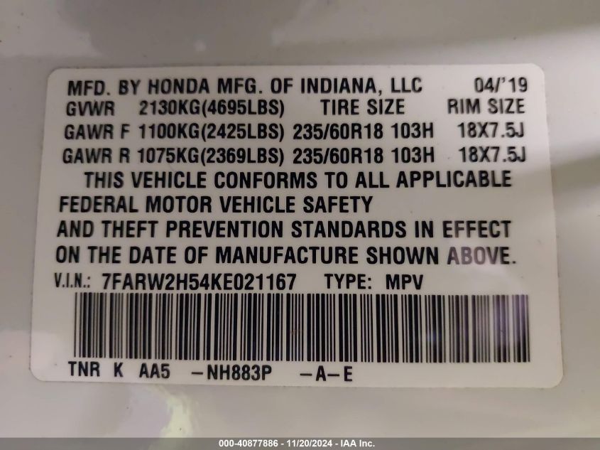 2019 Honda Cr-V Ex VIN: 7FARW2H54KE021167 Lot: 40877886