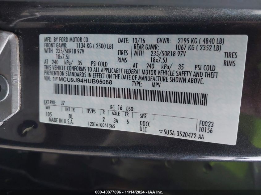 VIN 1FMCU9J94HUB95068 2017 Ford Escape, Titanium no.9