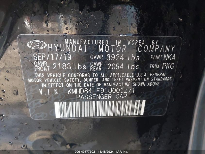 2020 Hyundai Elantra Sel/Value/Limited VIN: KMHD84LF9LU001271 Lot: 40877902