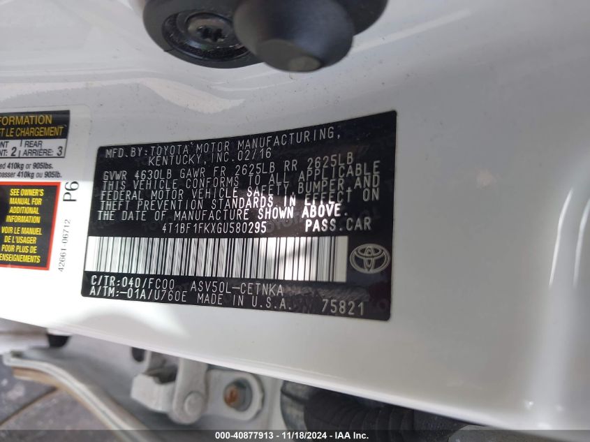 2016 TOYOTA CAMRY VIN: 4T1BF1FKXGU580295