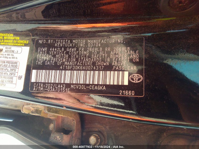 2004 Toyota Camry Xle V6 VIN: 4T1BF30K64U074317 Lot: 40877933