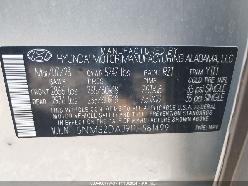 2023 Hyundai Santa Fe Sel VIN: 5NMS2DAJ9PH561499 Lot: 40877943