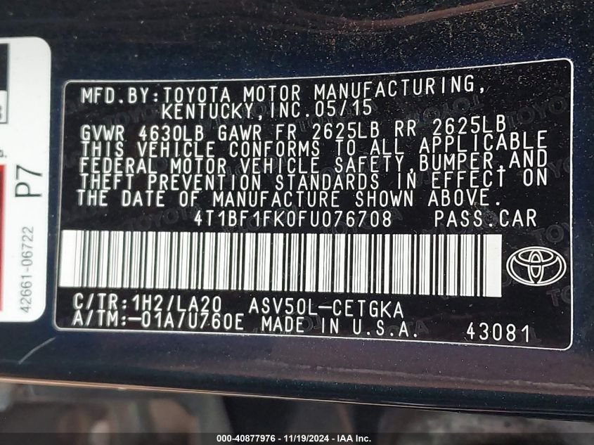 VIN 4T1BF1FK0FU076708 2015 Toyota Camry, Xle no.9