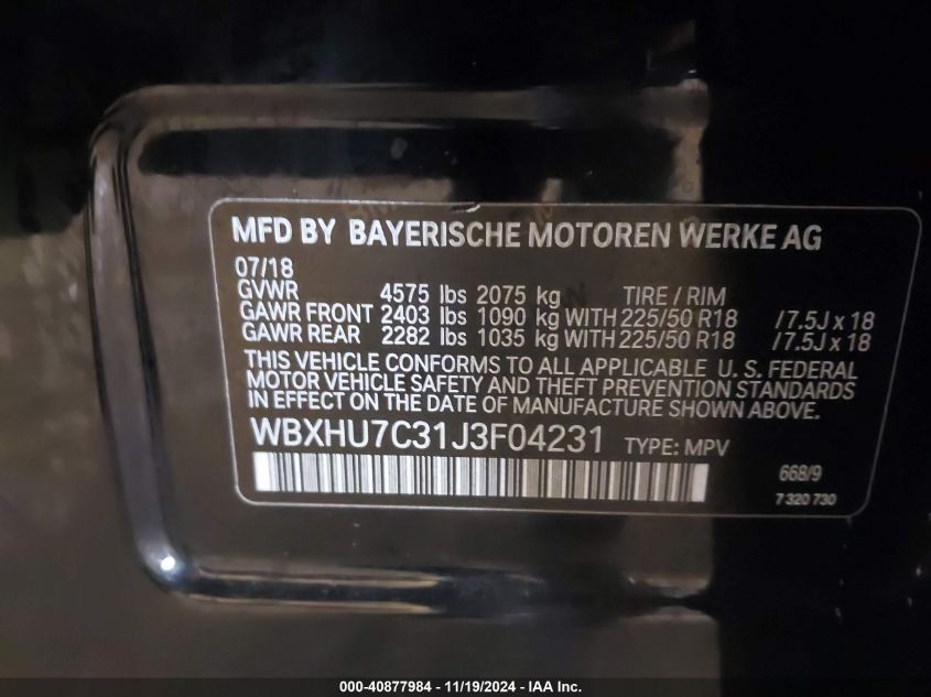 VIN WBXHU7C31J3F04231 2018 BMW X1, Sdrive28I no.9