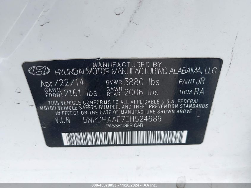 2014 Hyundai Elantra Se VIN: 5NPDH4AE7EH524686 Lot: 40878053