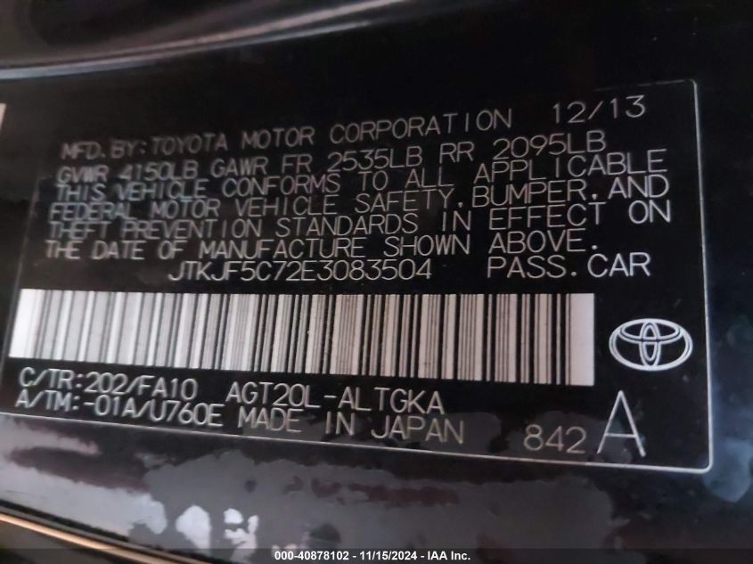 VIN JTKJF5C72E3083504 2014 Scion TC no.9