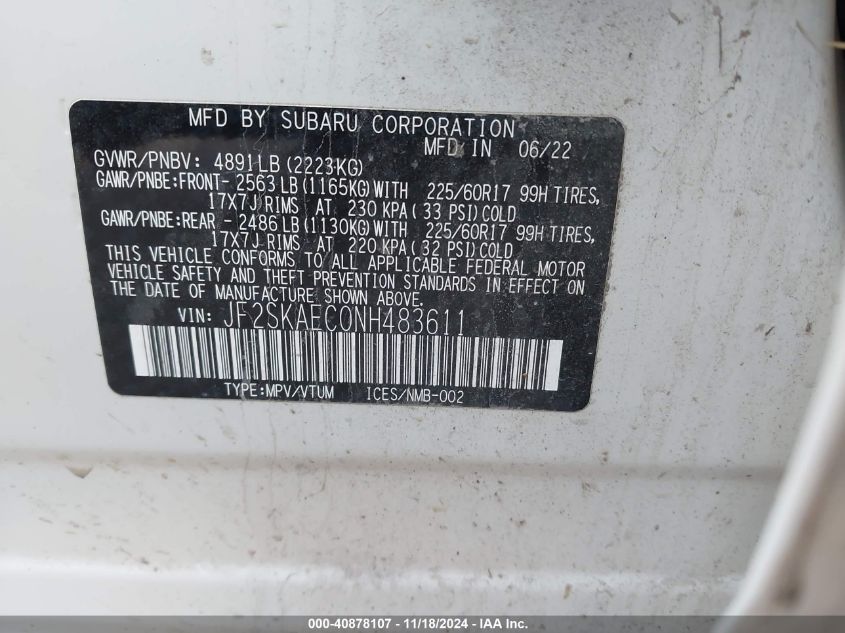 VIN JF2SKAEC0NH483611 2022 SUBARU FORESTER no.9