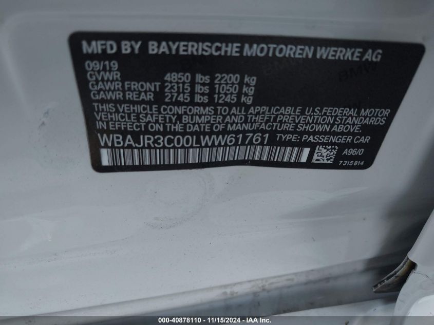 VIN WBAJR3C00LWW61761 2020 BMW 5 Series, 530I no.9