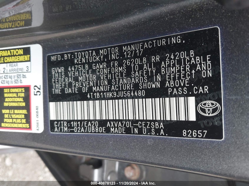 2018 TOYOTA CAMRY VIN: 4T1B11HK9JU564480